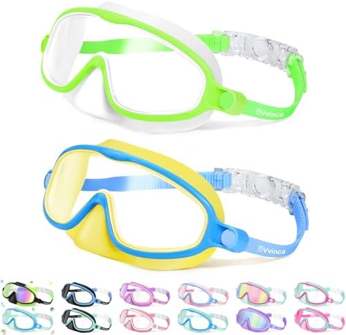 Vvinca 2 Pcs Kids-Swim-Goggles with Nose Cover, Swimming Diving Mask Wide View Anti Fog UV Anti Shattered Lens for Kids 3-6