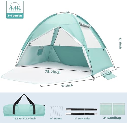 Beach Tent for 3-4 Person, Large Easy Setup Beach Shade Canopy with UPF 50+ UV Protection, Portable Shade Tent with 3 Ventilating Mesh Windows for Outdoor, Picnics, Fishing
