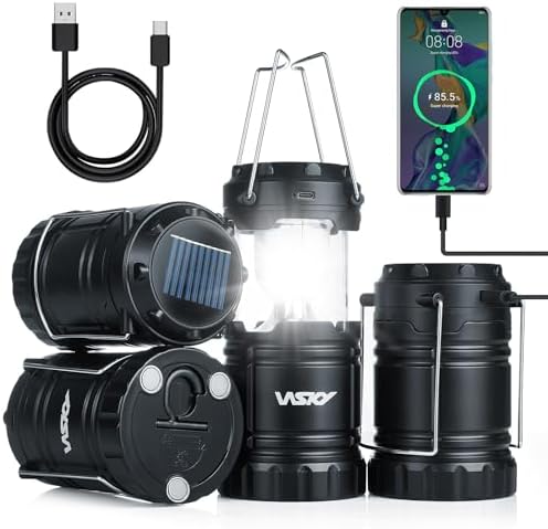 Wsky Solar Camping Lantern 4-Pack - Rechargeable LED Lights, Magnetic Base & Foldable Hanging Hook- Collapsible Lamp Battery Powered Perfect for Power Outages, Hiking, Campsites, Emergencies
