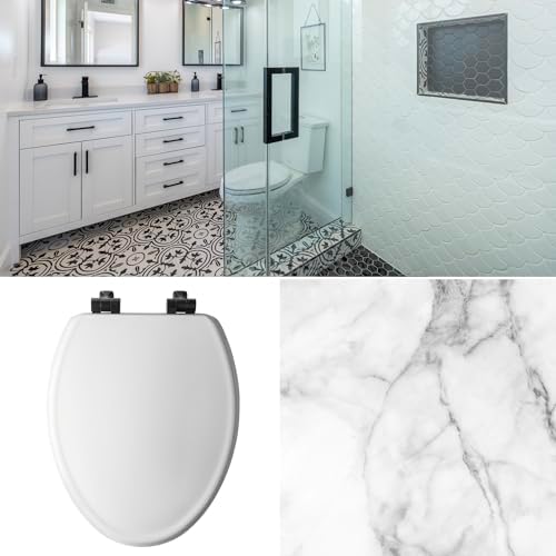 Mayfair Bennett Toilet Seat with Matte Black Hinges, Slow Close Wood Seat, Secure Metal Hinges, Easy Install, Made in USA, Round, White