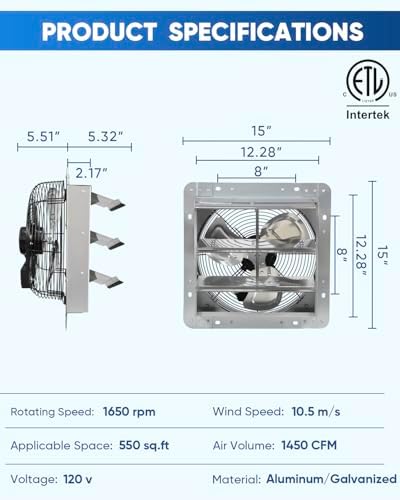 KEN BROWN 12 Inch Shutter Exhaust Fan Wall Mounted,Aluminum with 1.65 Meters Power Cord Kit,High Speed 1450CFM,Vent fan for Commercial,Greenhouse,Attic,Shed,Shop