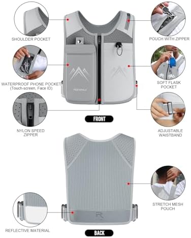 REVALI Zip Reflective Running Vests with Hydration Bottle, Adjustable Waistband & Breathable Material, Chest Pack Gear Phone Holder for Men & Women