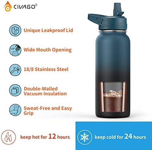 CIVAGO 32 oz Insulated Water Bottle With Straw, Stainless Steel Sports Water Cup Flask with 3 Lids (Straw, Spout and Handle Lid), Wide Mouth Travel Thermal Mug, Gradient Orange