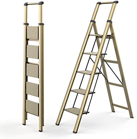 WOA WOA 5 Step Ladder, Ladders for Home, Anti-Slip Pedals, Aluminum Step Stool Foldable, Lightweight to Move, Ease of Storage, Reach 10ft for Closet Kitchen Library, Hold 300lbs - Gold