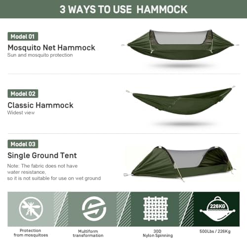 Camping Hammock with Mosquito Net,3 in 1 Function Parachute Portable Hammock,Double & Single Hammocks Tent for Travel Outdoor Indoor Hiking Patio - with Tree Straps,Carabiners,Aluminium Poles