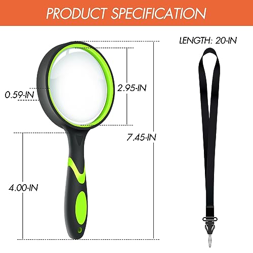 Leffis 4 Pack Magnifying Glass, 10X Non-Slip Handheld Reading Magnifier with Lanyard for Kids and Seniors, 75mm Magnifying Glass Lens for Reading, and Nature Exploration