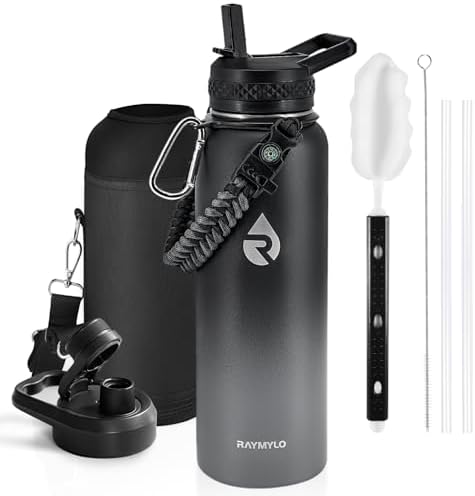 Insulated Water Bottle 40 oz, Triple Wall Vacuum Stainless Steel (Cold for 48 Hrs), Leak Proof & Non-BPA, Modern Water Flask Jug with Paracord Handle & Straw Spout Lids, Dark Grey