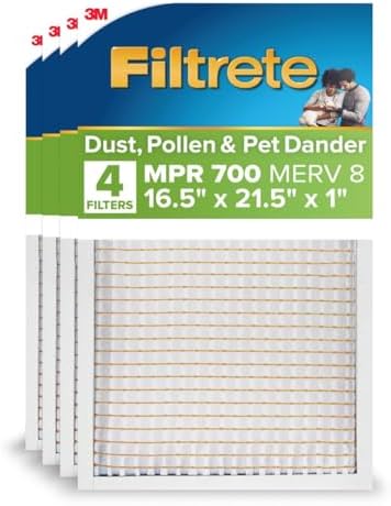 Filtrete 16.5x21.5x1 AC Furnace Air Filter, MERV 8, MPR 700, Tough on Pollen, Easy on Airflow, 3-Month Pleated 1-Inch Electrostatic Air Cleaning Filter, 4-Pack (Actual Size 16.19 x 21.19 x 0.81 in)