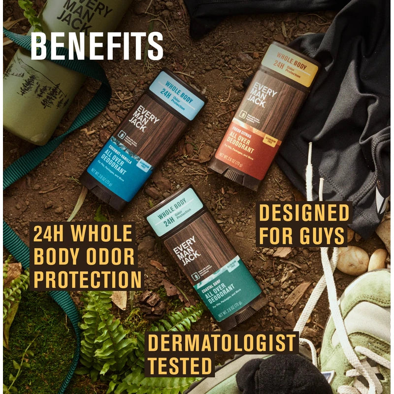 Every Man Jack All Over Deodorant - 24 Hour Whole Body Odor Protection - Aluminum Free - Fresh Citrus Scent 2.6 oz (1 Pack)