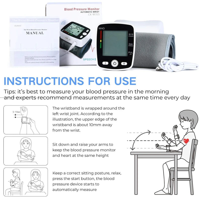 Blood Pressure Monitor Automatic Wrist Cuff Machine Carrying Case for Home Use 90 Readings Memory 2 User & Large Display, Black CK-W355 | NOUYAN