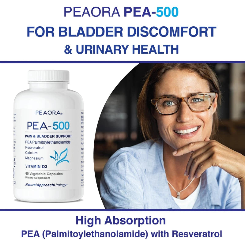 PEAORA PEA-500 - Support for Bladder, & Pelvic Discomfort | For Women & Men | Made in the USA | High-Absorption Palmitoylethanolamide & Resveratrol