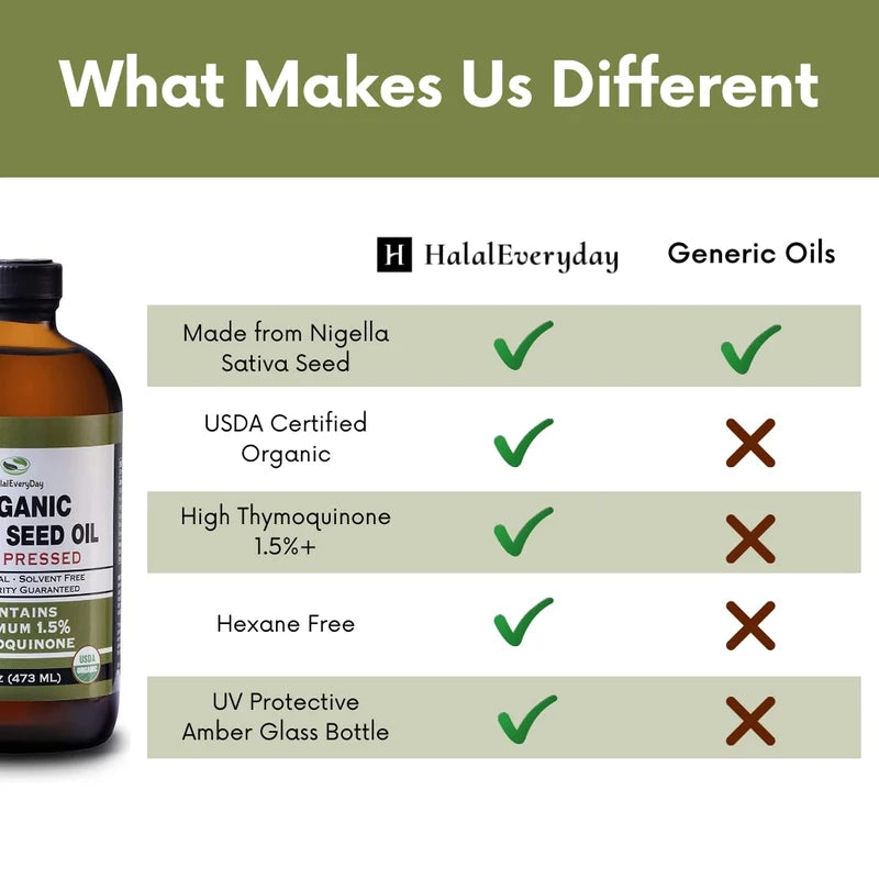 HalalEveryDay Organic Black Seed Oil - USDA Certified Cold Pressed Glass Bottle Over 1.5% Thymoquinone 3X strength Turkish Black Cumin Nigella Sativa non-GMO 100% Pure Blackseed Oil (8oz Glass Bottle)