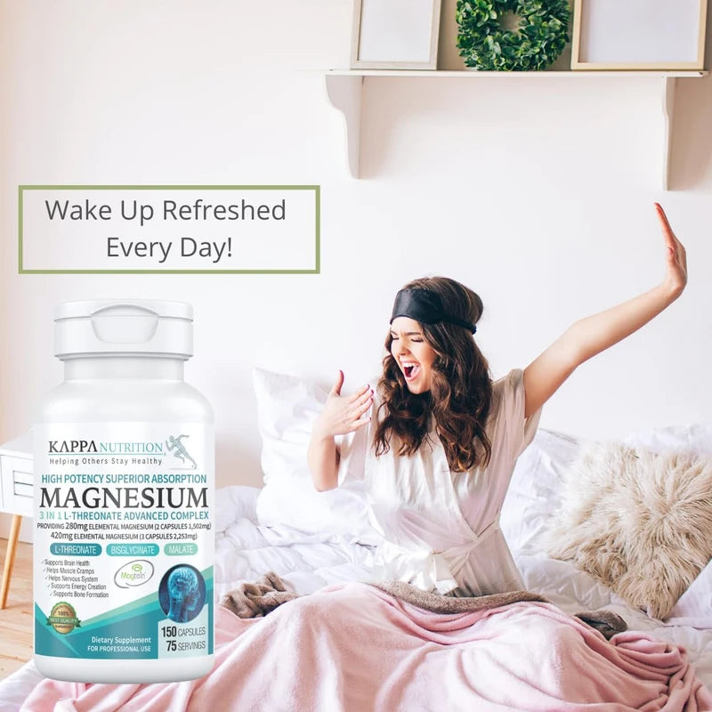 (150 Capsules), 2,253mg Per Serving, Providing 420mg Elemental Magnesium, L-Threonate, Bisglycinate Chelate, Malate, for Brain, Sleep, Stress, Cramps, Headaches, Energy, Heart from Kappa Nutrition.