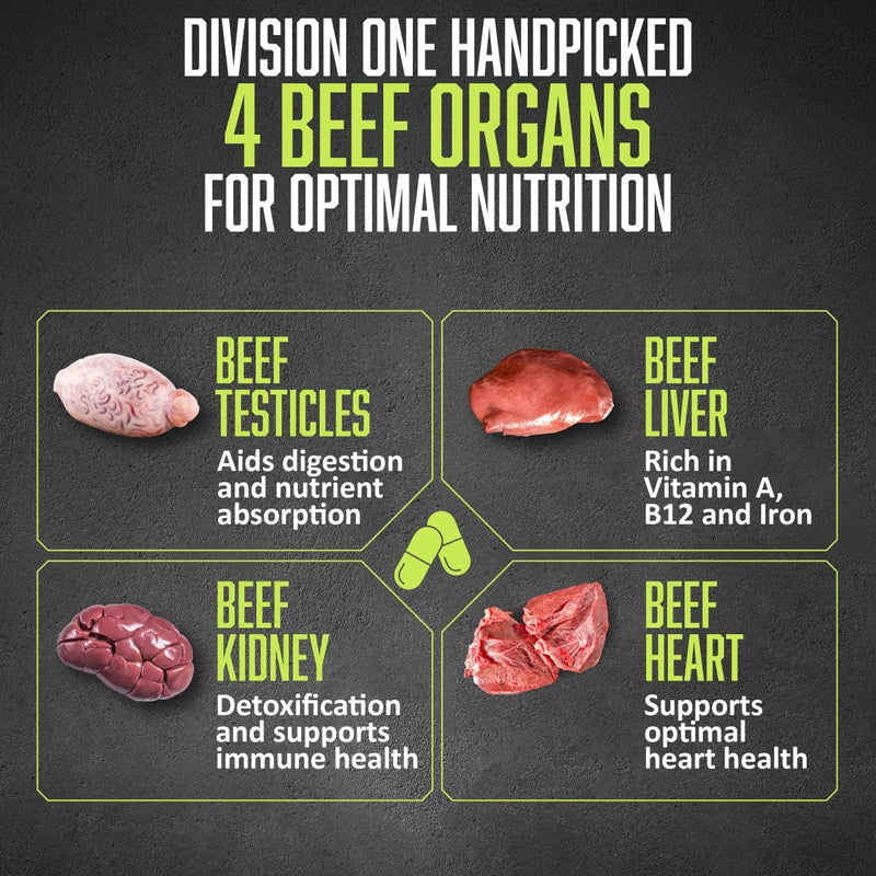 Division 1 Health Division One Beef Organ Supplement - Primal Blend with Liver, Heart, Kidney, Beef Liver Supplement Grass Fed, Organ Meat Supplements for Humans, Non-GMO, 120 Caps.