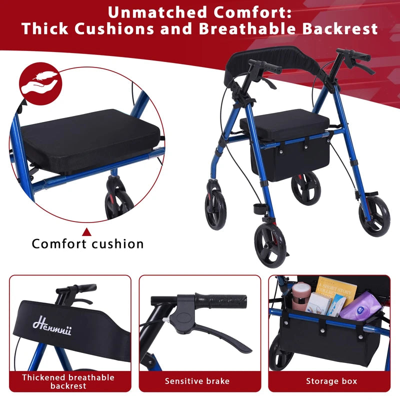 Walker for Seniors, Lightweight Rollator Walker with seat, Foldable Rolling Walker with 8 inch All Terrain Rubber Wheels, Ergonomic Adjustable Handles and Backrest for Seniors and Adult.