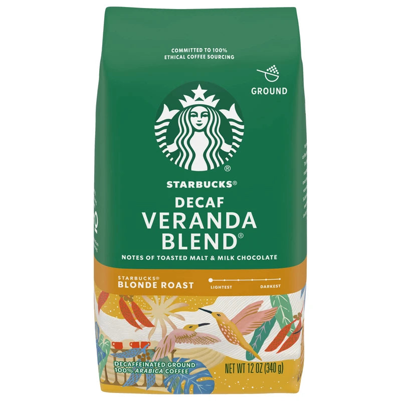 Starbucks Decaf Ground Coffee, Decaf Veranda Blend, Blonde Roast, Decaffeinated Ground Coffee, Lightly Roasted 100% Arabica Coffee, 12 Ounce (Pack of 2)