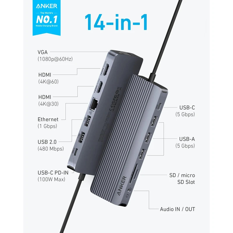 Anker Anker 14 in 1 USB C Docking Station,USB C Hub Triple Display, with 4K HDMI, 1080p VGA, 100W Power Delivery, 5Gbps USB-A/C Data Ports for MacBook, Dell XPS and More