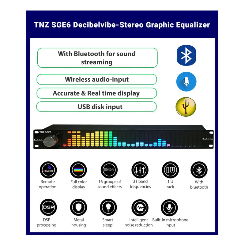 Decibelvibe TNZ SGE6 - Audio Graphic Equalizer with Rear RCA/3.5 Auxiliary Input and Output, Built-in Microphone, USB and Bluetooth Input, Preamp for Home Audio, DJ, HiFi Audio Setup (Silver)