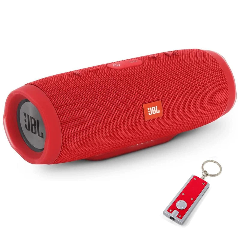 JBL Charge 3 Waterproof Portable Bluetooth Speaker, Includes LED Flashlight Key Chain Bonus - Red