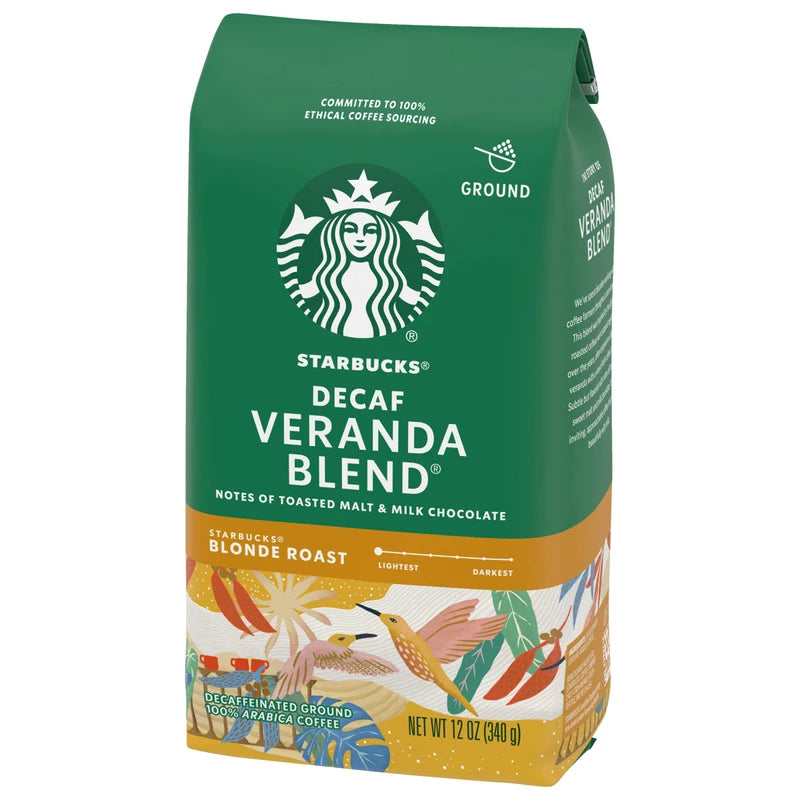 Starbucks Decaf Ground Coffee, Decaf Veranda Blend, Blonde Roast, Decaffeinated Ground Coffee, Lightly Roasted 100% Arabica Coffee, 12 Ounce (Pack of 2)