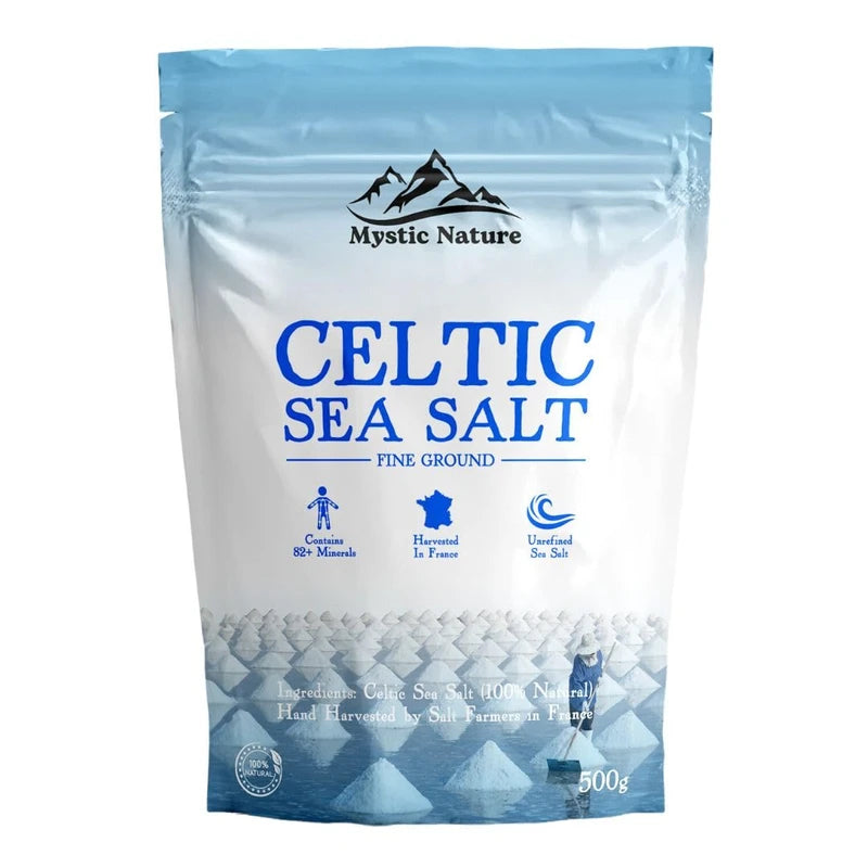 Mystic Nature Celtic Sea Salt - 500g | Fine Ground | Organic 100% Natural Unrefined Mineral Rich Celtic Salt Crystals From France | Rich In Magnesium Calcium Iron Potassium