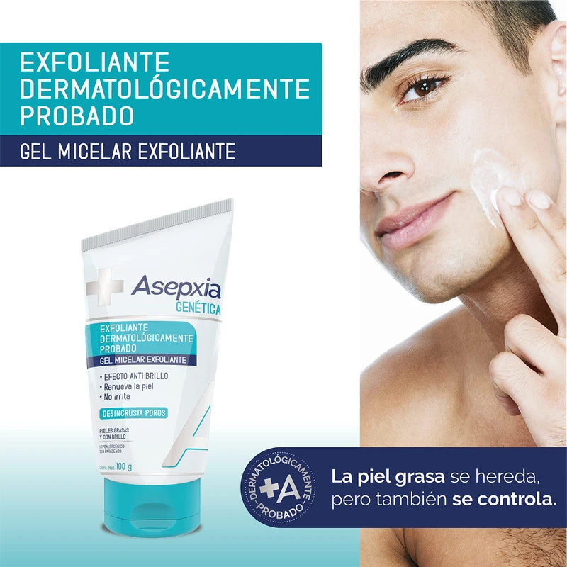 Asepxia GENÉTICA, Gel EXFOLIANTE MICELAR, dermatológicamente probado, para pieles con gen graso, limpia suavemente desincrustando los poros y removiendo células muertas, renueva la piel, con EFECTO ANTIBRILLO, tubo 100 g