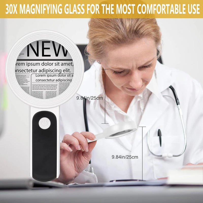 Magnifying Glass with Light, 30X Handheld Large Magnifying Glass 18LED Cold and Warm Light with 3 Modes, Illuminated Lighted Magnifier for Seniors Reading, Inspection, Coins, Jewelry, Exploring