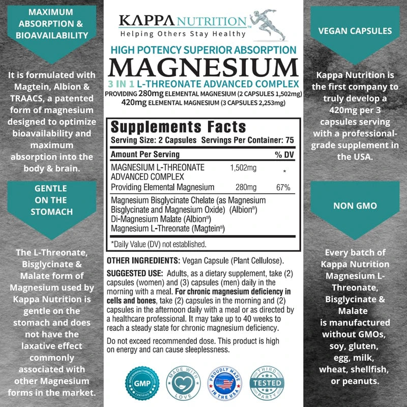(150 Capsules), 2,253mg Per Serving, Providing 420mg Elemental Magnesium, L-Threonate, Bisglycinate Chelate, Malate, for Brain, Sleep, Stress, Cramps, Headaches, Energy, Heart from Kappa Nutrition.