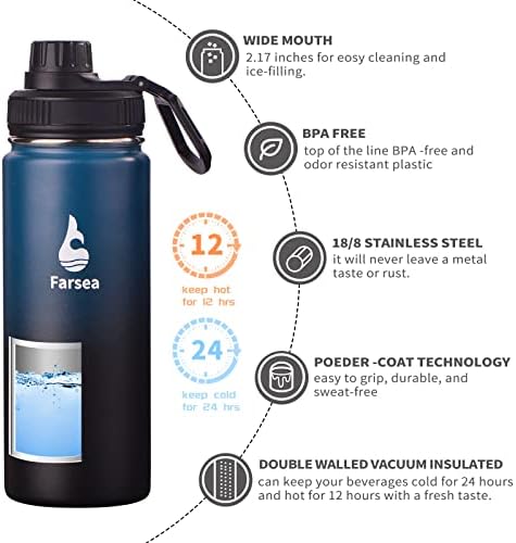 Farsea Insulated Water Bottle With Paracord Handle, Protective Silicone Boot and 2 Lids (Straw Lid & Spout Lid), Stainless Steel Water Bottle Wide Mouth, Double Wall Sweat-Proof BPA-Free, 18 oz
