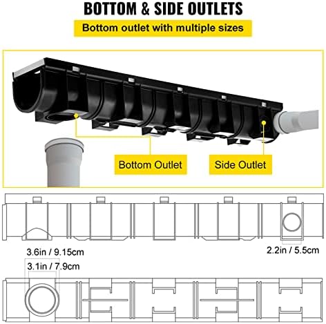 VEVOR Trench Drain System, Channel Drain with Metal Grate, 5.9x5.1-Inch HDPE Drainage for Garage Floors, Black Plastic Trench with End Caps, 3x39 Grate - 3 Pack