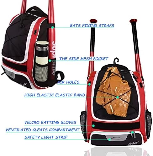 WOLT Youth Baseball Bag - Bat Backpack for Baseball, T-Ball & Softball Equipment & Gear, Bat & Glove Holder, Large Main Compartment for Helmet & accessories, Separate Shoes Compartment, Fence Hook