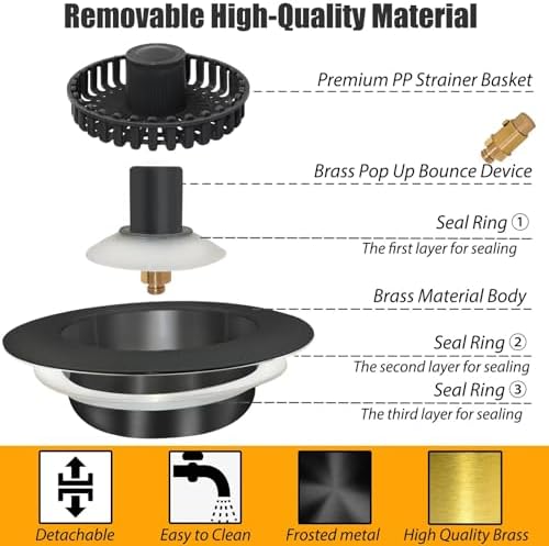 Kitchen Sink Drain Strainer,3 in 1 Pop Up Kitchen Sink Stopper,Made of Brass Material,with an Extra Basket Strainer,Sink Bounce Core Drain Strainer,Universal for US Standard 3-1/2 Inch,Black