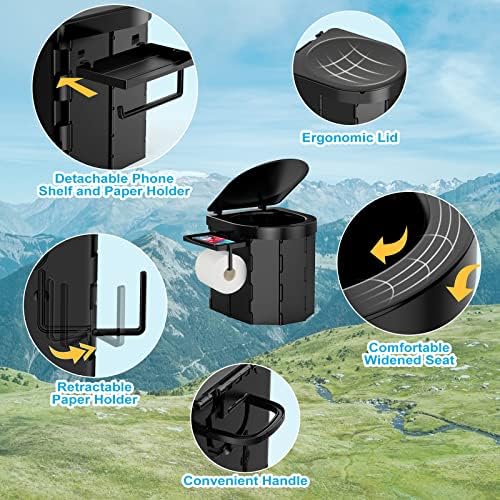 Portable Camping Toilet, Foldable Toilet for Adults with Detachable Phone Shelf and Toilet Paper Holder, Waterproof Porta Potty with Lid for Camping, Hiking, RV Travel, Road Trips
