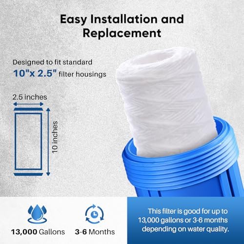 5 Micron 10"x2.5" Whole House String Wound Sediment Filter for Well Water, Replacement Cartridge for Universal 10 inch RO System, WP-5, Aqua-Pure AP110, CFS110, Culligan P5, WFPFC4002, CW-MF, 4Pack
