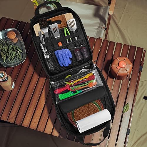Hanging Camp Utensil Organizer with Towel Paper Holder, Portable Camping Kitchen Cookware Bag for Knives, Forks, Spoons & More, Outdoor Cooking Tools Storage Box for Travel & Hiking, Bag Only