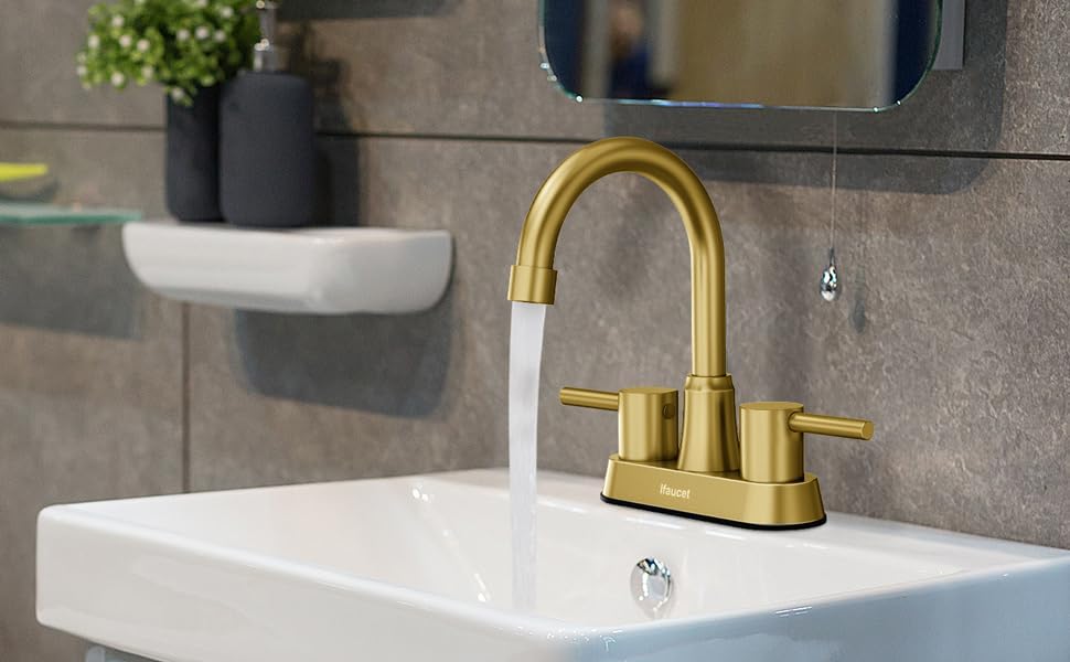 Gold Bthroom Faucet, Brushed Gold Bathroom Faucet, Gold Faucets for Bathroom Vanity, 4 Inch 2 Handle Centerset, Lead-Free, with Copper Pop Up Drain (Brushed Gold)