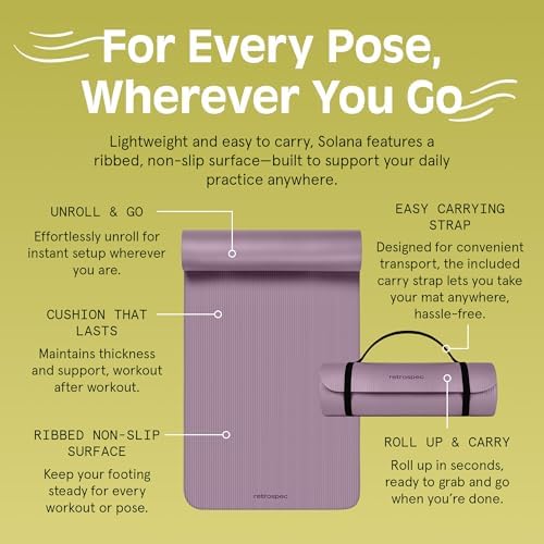 Retrospec Solana Yoga Mat 1/2" Thick w/Nylon Strap for Men & Women - Non Slip Exercise Mat for Yoga, Pilates, Stretching, Floor & Fitness Workouts