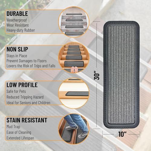 Indoor/Outdoor Hose-Wash Striped Design Non-Slip Rubber 10" x 30" Modern Stair Treads for Stairs, Garage, Patio, 5 Pack, Gray