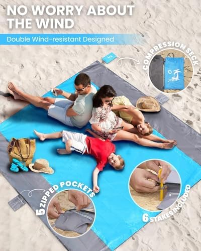 POPCHOSE Beach Blanket, Sandfree Beach Mat 108"x85.2"/83"x78" for 7 Persons, Extra Large Beach Blanket Waterproof Sandproof with 6 Stakes, Easy to Clean, Lightweight Compact Beach Accessories