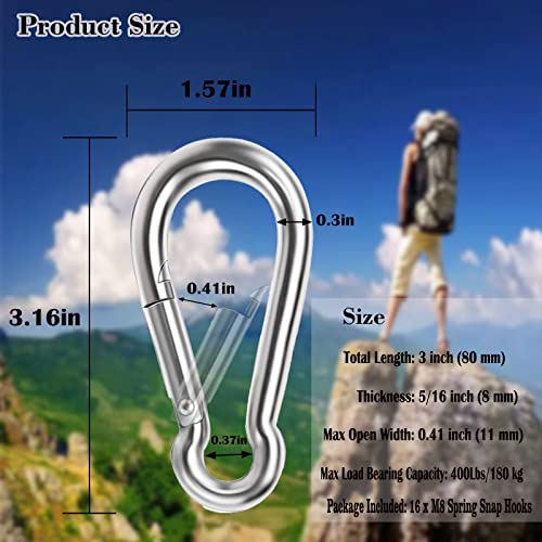 Carabiner 3 Inch Spring Snap Hook, 16pcs M8 5/16 Inch Spring Snap Hook Quick Link for Camping Hiking, 500LBS Holding Capacity Heavy Duty Steel Carabiner Clip Buckle for Hammock Swing Fitness