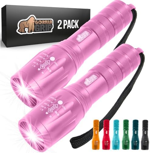 GORILLA GRIP Powerful LED 750 FT Water Resistant 5 Adjustable Mode Tactical Flashlight, High Lumens Ultra Bright Battery Zoom Flashlights, Small Camping Car Mini Flash Light Accessories, 2 Pack, Pink