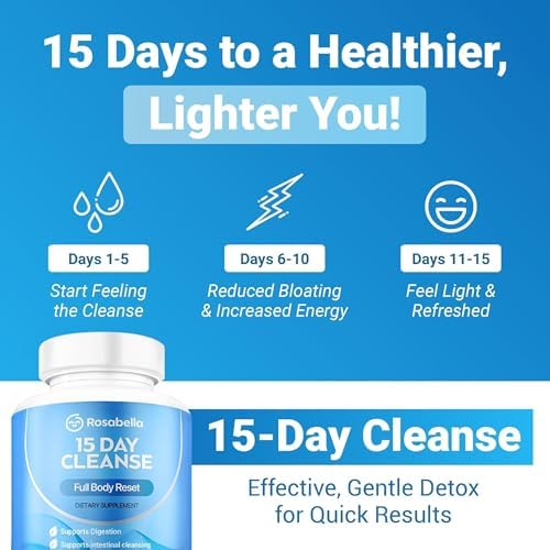 Rosabella 15 Day Cleanse – Full Body Detox & Colon Cleanse for Men & Women – Gut Cleanse Detox Pills for Digestive Health & Bloating Relief – Doctor-Formulated, Non-GMO, 30 Vegan Capsules