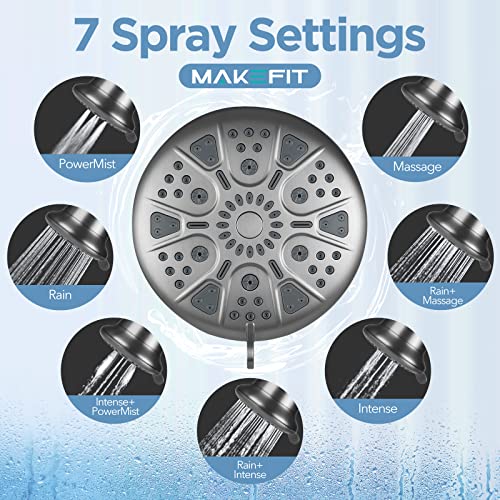 MakeFit Filtered Shower Head - High Pressure Shower Head with Filter for Hard Water Softener - 7 Settings Bathroom Rain Showerhead to Remove Chlorine and Heavy Metals (Gray)