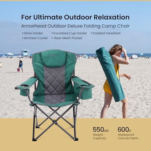 ARROWHEAD OUTDOOR Portable Folding Camping Quad Chair w/ 6-Can Cooler, Cup & Wine Glass Holders, Heavy-Duty Carrying Bag, Padded Armrests, Headrest & Seat, Supports up to 550lbs, USA-Based Support