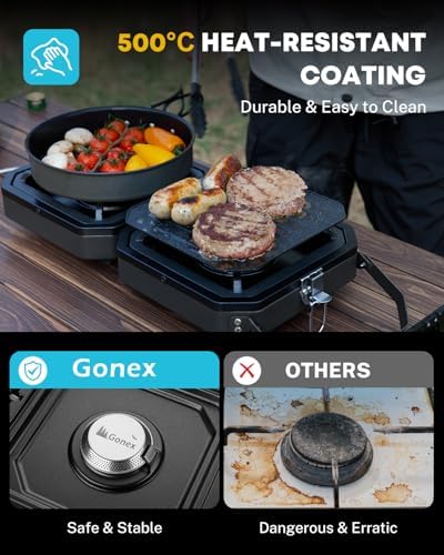Gonex 2 Burner Propane Camping Stove with Griddle & Grates, Portable Foldable Cooking Stove with Total 16,000 BTU, Two Piezo Ignition Adjustable Burners for Camping, Patio, Emergency, Hiking (Black)