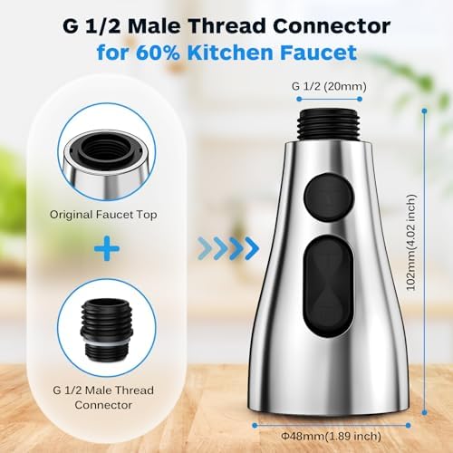 Kitchen Faucet Head Replacement 3 Modes with 12 Adapters, Pull Down Spray Head for Kitchen Faucet, Kitchen Sink Faucet Head G 1/2, Sprayer Head Replacement, Chrome