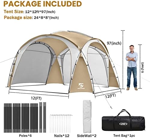Beach Tent 12 X 12ft Large UPF50+ Pop Up Canopy with 2-Pcs Side Wall, Sun Shelter Rainproof, Waterproof for Camping Trips, Backyard Fun, Fishing, Parties, Or Picnics(Khaki-Upgrade)