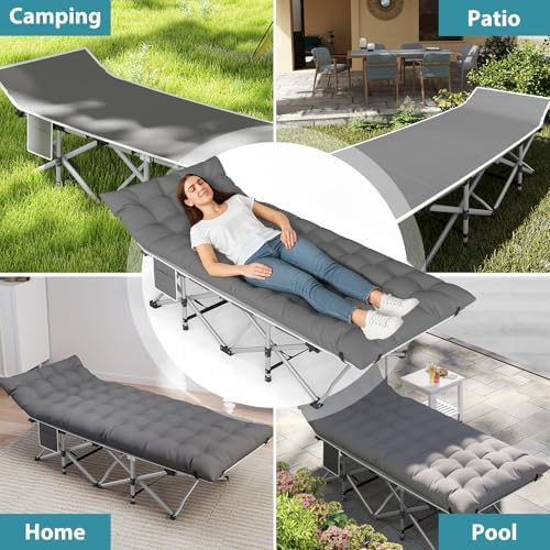 Folding Camping Cot for Adults, 2 Pack Heavy Duty Sleeping Cots with Carry Bag, Double Layer Oxford Portable Travel Camp Cots for Outdoor Camp Beach Home Office (Blue Pad & Gray Pad, 2PACK)