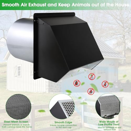 8 Inch Wall Vent Hood Wall Exhaust Vent Cover Outdoor Hooded Wall Vent with Screen and Damper,Wall Vent Cover Cap Exterior Air Exhaust for Kitchen Range Hood HVAC Duct Dryer Vent,Galvanized Steel