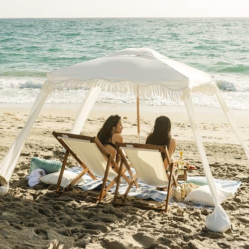 AMMSUN Beach Cabana with Fringe, 6'×6' Boho Beach Canopy with Tassels, Easy Set up & Premium Wood Pole, Cabana Tent with Sand Pockets, Instant Sun Shade for Sand, Garden, Patio, Elegant White